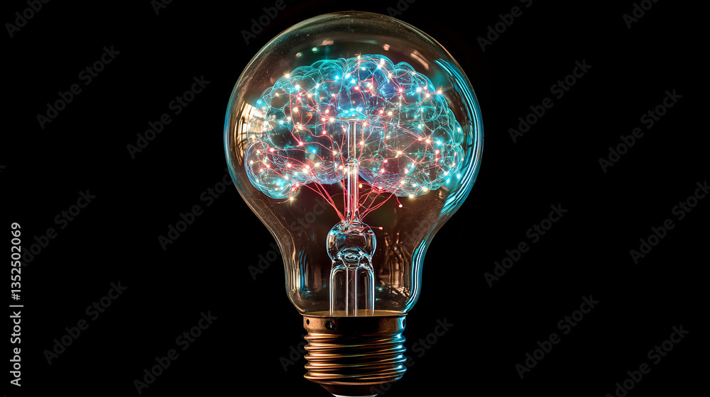 Poster digital network light bulb with human brain inside, wireframe light bulb with a digital network effe
