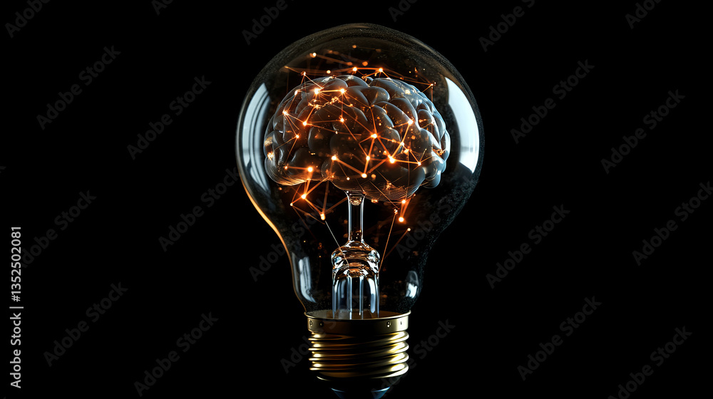 Poster digital network light bulb with human brain inside, wireframe light bulb with a digital network effe
