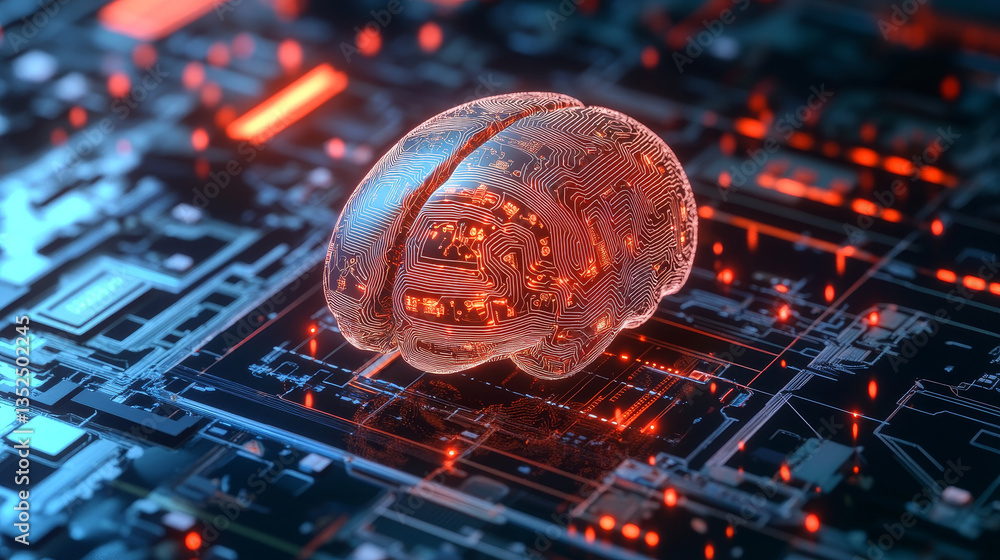 Poster artificial intelligence concept. brain over a circuit board and scanning. graphic user interface hea