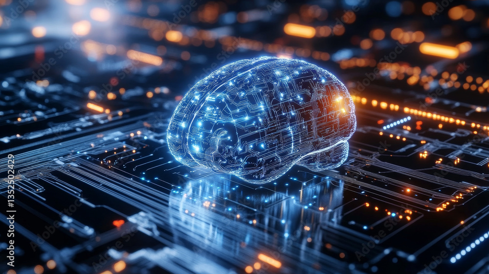 Poster artificial intelligence concept. brain over a circuit board and scanning. graphic user interface hea