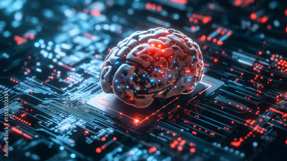 Poster artificial intelligence concept. brain over a circuit board and scanning. graphic user interface hea