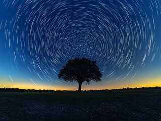 a stunning night sky over a field, featuring a beautiful star trail effect that creates a circular pattern around a central point, with the horizon showing a vibrant sunset or sunrise. 