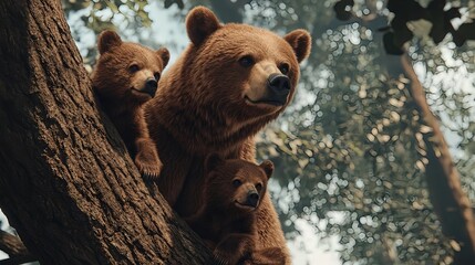 Obraz premium Brown Bear with Cubs Climbing a Tree in a Natural Landscape