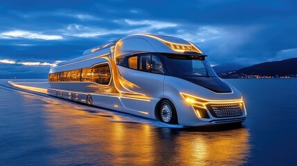 Obraz premium Futuristic white concept truck with glowing gold lights driving on a wet surface at twilight.