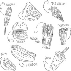 Vector set of fast food hand drawn illustration. Fast food on Isolated White Background.