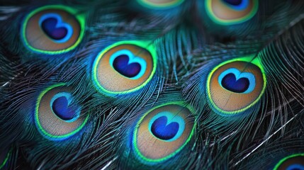 Fototapeta premium Close-up of colorful peacock feathers showing their intricate patterns and vibrant blues, greens, and golds in a unique, textured composition