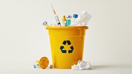 Yellow waste disposal bucket filled with medical items and recyclable materials in a clean indoor setting