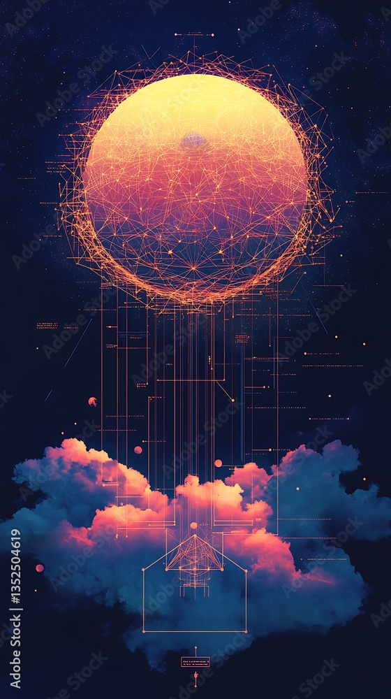 Aufkleber Abstract Digital Network Sphere Descending Through Cloudscape to Geometric House