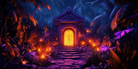 A glowing door is framed by an enchanted jungle environment