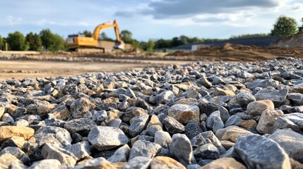 Obraz premium Construction Site with Large Rocks and Excavator in a Rural Landscape