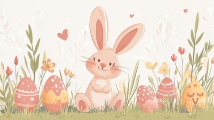 Obraz premium Cute bunny surrounded by decorated Easter eggs and flowers in a serene garden setting celebrating springtime joy
