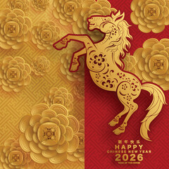 Happy chinese new year 2026 the horse zodiac sign with flower,lantern,asian elements red and gold color paper cut style on color background. ( Translation : happy new year 2026 year of the horse )