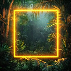 A yellow neon square frame set in a tropical forest setting. 