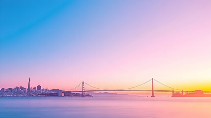 Fototapeta premium San Francisco skyline and bridge at sunset, pastel sky, calm water, travel and city landscape