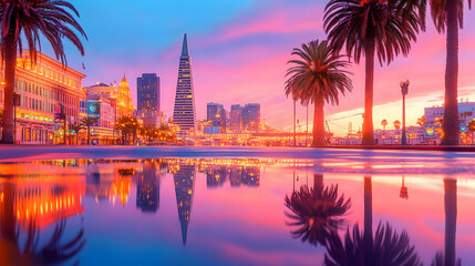 San Francisco sunset city skyline reflection, waterfront palm trees, vibrant colors, travel postcard