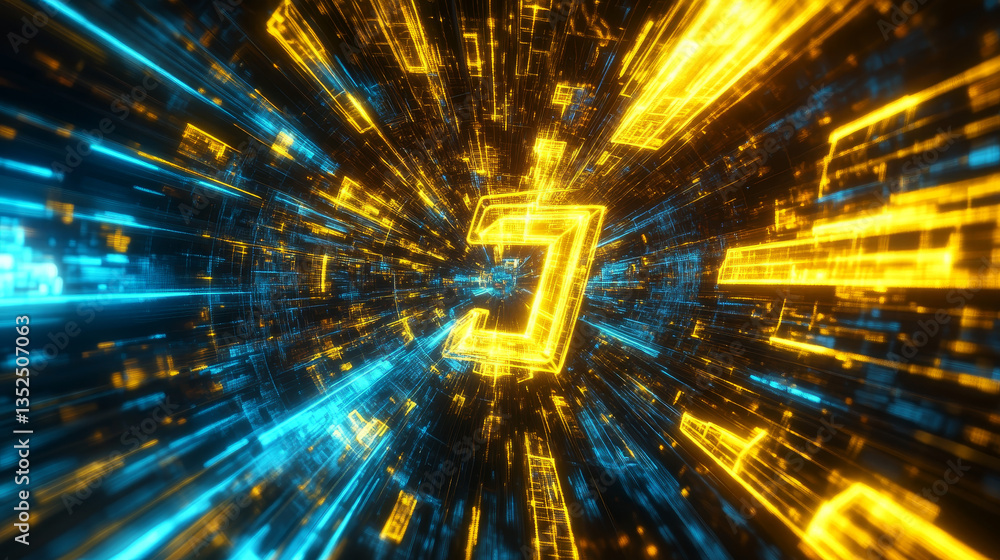 Poster digital cryptocurrency symbol in vibrant yellow and blue with futuristic circuits and hexagonal patt