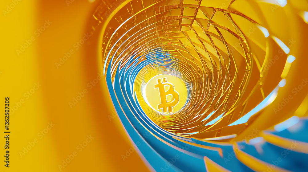 Poster digital cryptocurrency symbol in vibrant yellow and blue with futuristic circuits and hexagonal patt