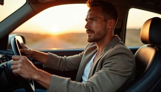 Handsome man driving car during sunset. Stylish male in casual attire driving on open road. Smiling, confident driver enjoys journey, travel. Lifestyle, transport, automobile, journey, adventure.