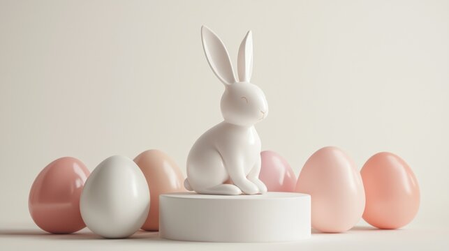 White bunny figurine surrounded by pastel colored eggs on a minimalist pedestal - Powered by Adobe