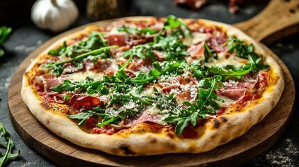 A gourmet pizza with arugula, prosciutto, and parmesan, fresh out of the oven on a wooden board.