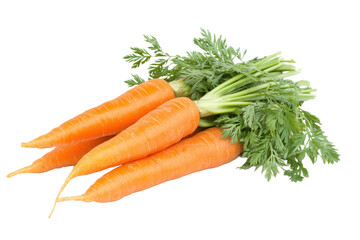 A bunch of fresh carrots with green leafy tops lying on a white surface in a studio setting