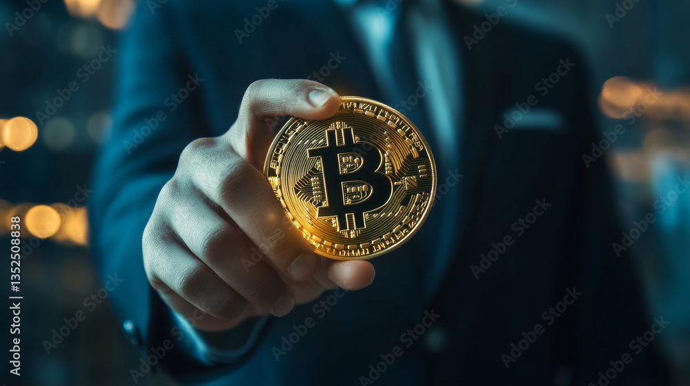Aufkleber businessman is holding a bitcoin as part of a business network, cryptocurrency blockchain connection