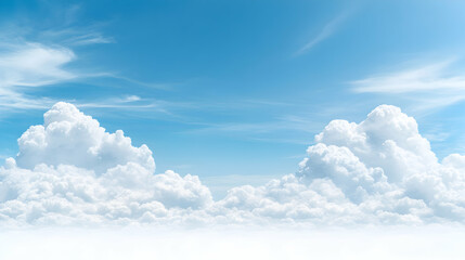 Serene cloudscape above fluffy cumulus clouds; clear blue sky; aerial view; ideal for background or travel imagery