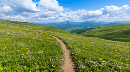 Fototapeta premium Mountain meadow trail, wildflowers, scenic view, summer hike