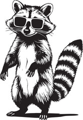 Cool Raccoon with Sunglasses Black and White Vector Illustration © shinheo