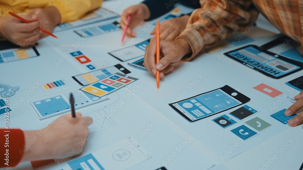 Poster a dynamic scene showcases diverse hands collaborating on a user interface design. with colorful pens