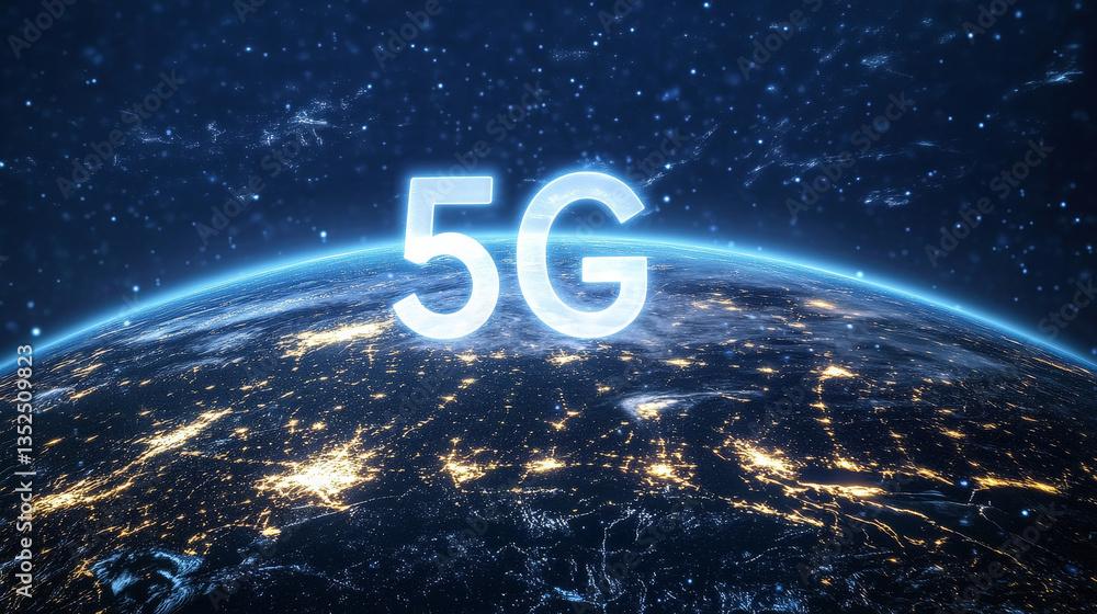 Aufkleber 5g wireless internet network connection system around the world. with an empty space beside a dark b