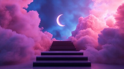 Dreamy staircase leading to a crescent moon in a colorful sky