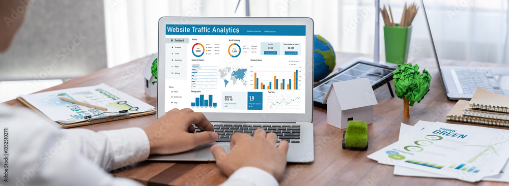 Poster computer software for website traffic analytics data on computer screen. concept of seo search engin