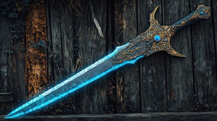 Ornate sword with glowing blade on aged wooden planks
