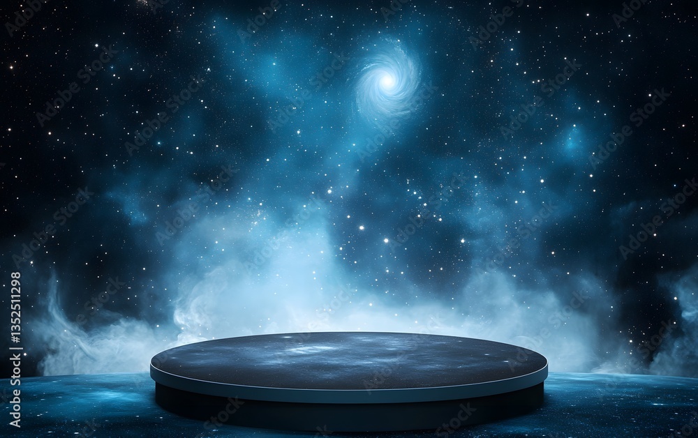 Poster a celestial-themed podium floating in outer space, surrounded by glowing cosmic dust and distant sta