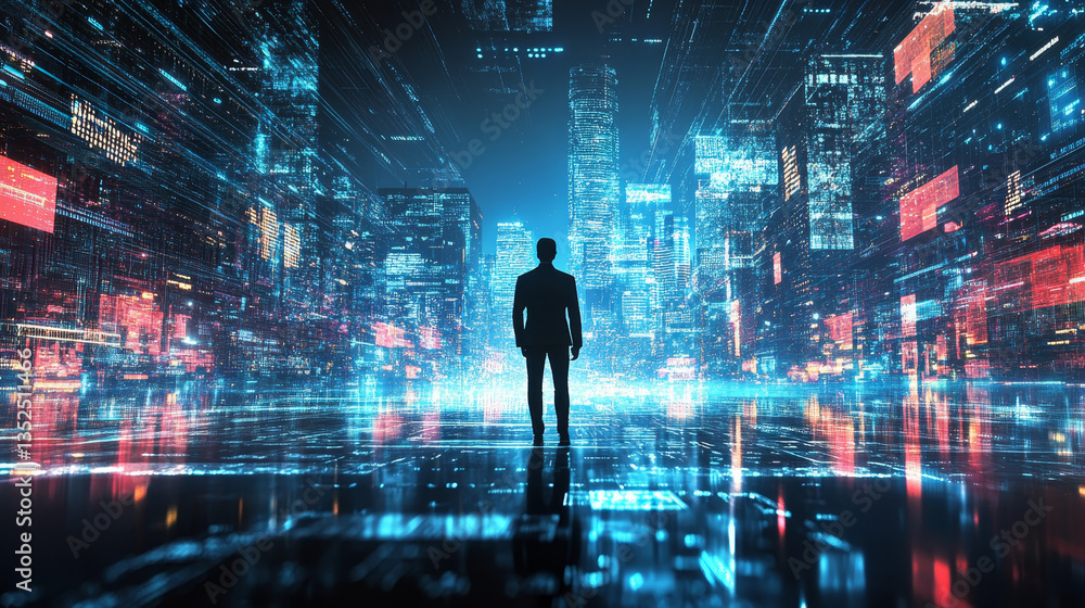 Poster double exposure of businessman showing the smart city of cyberspace and metaverse digital data of fu