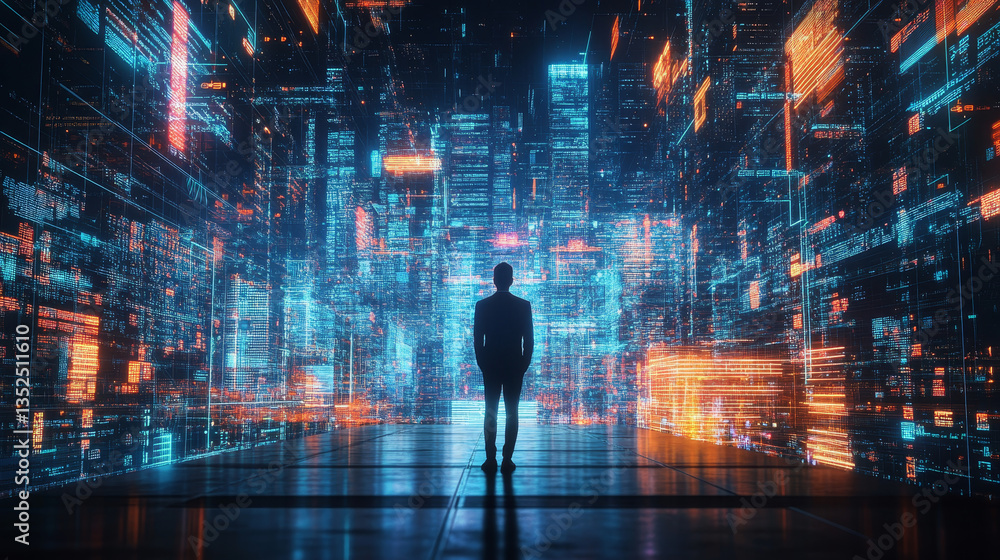 Poster double exposure of businessman showing the smart city of cyberspace and metaverse digital data of fu