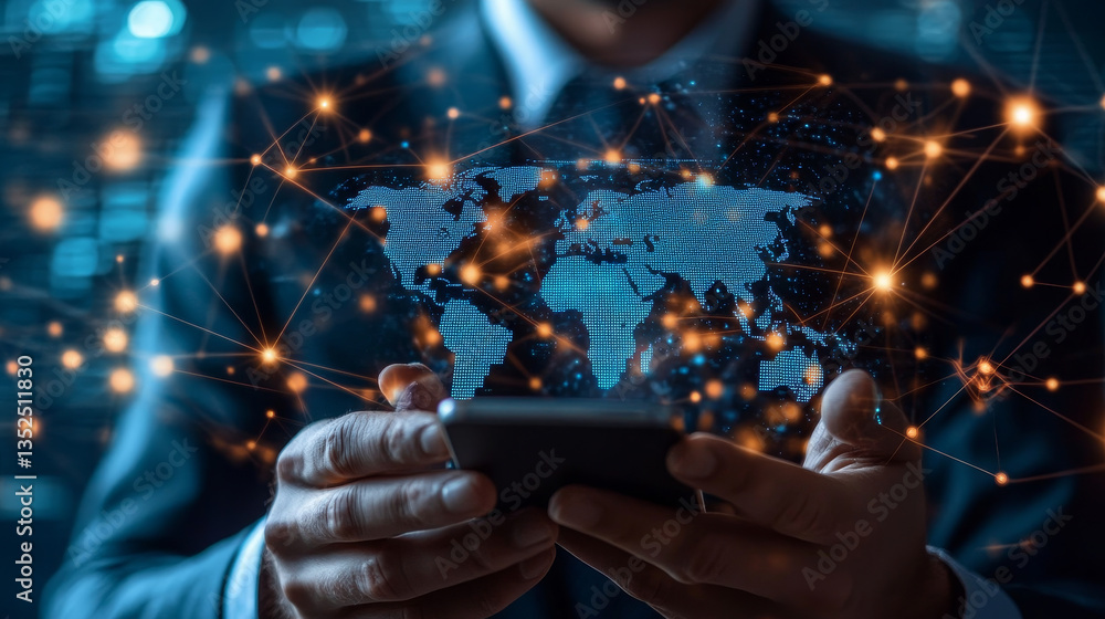 Poster the businessman is holding a smartphone with map and social network connection, technology network c