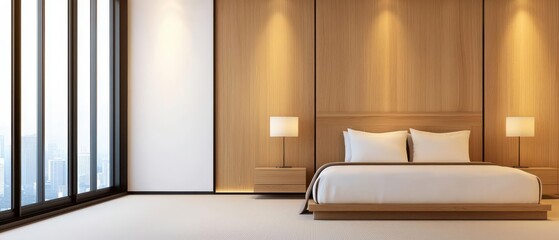 Fototapeta premium bedroom interior design inspiration luxury design warmth. Ultra-modern luxury bedroom with seamless wood paneling, sculptural lighting, and warm, neutral fabrics