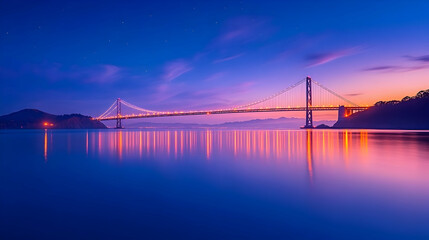 Fototapeta premium Serene sunrise over suspension bridge, tranquil bay waters reflecting colorful sky, hills in background; perfect for travel or landscape projects