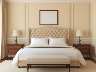 bedroom interior design inspiration luxury design warmth. Elegant hotel-inspired bedroom with layered silk bedding, warm recessed lighting, and a tufted bench