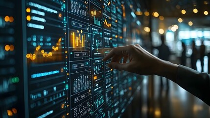 A hand interacting with a digital dashboard displaying data and analytics