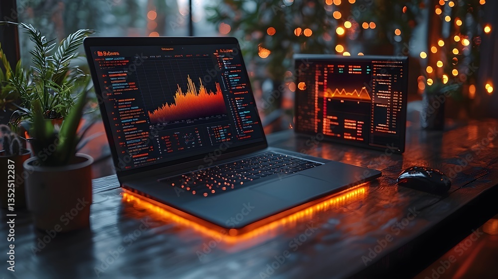 Poster analyst s desk with laptop displaying real time data and reports