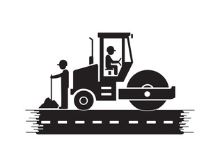 Road construction equipment, steam roller,  construction worker silhouette, black and white illustration