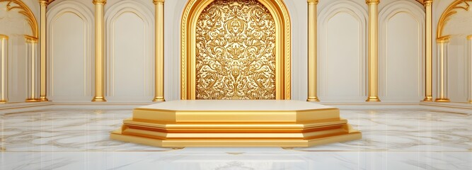 A shiny, golden podium with an intricate baroque pattern, set in a luxurious palace-like interior
