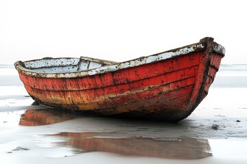 Obraz premium A weathered wooden boat rests on a sandy shore, showcasing its vibrant red paint and rustic charm against a pale backdrop.