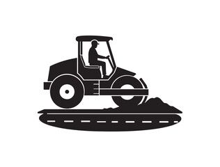 Road construction equipment, steam roller,  construction worker silhouette, black and white illustration