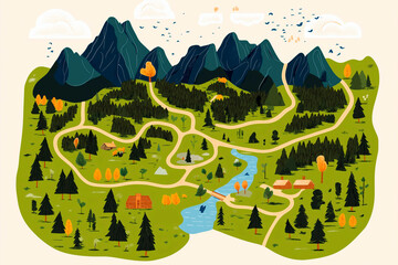 Colorful illustrated map of a mountainous forest area with winding trails, cabins, trees, and a flowing river under a sky with birds and clouds