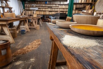 Wooden Workshop Interior with Bowls of Various Materials and Tools