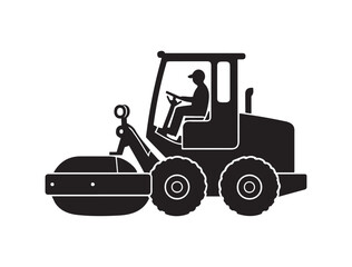 Road construction equipment, steam roller,  construction worker silhouette, black and white illustration